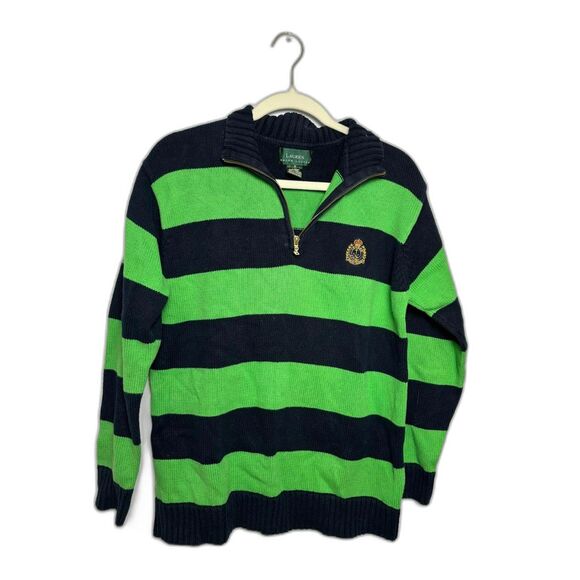 Lauren Ralph Lauren Sweater Women's Small Green Navy Stripe Quarter Zip Crest - Picture 1 of 4